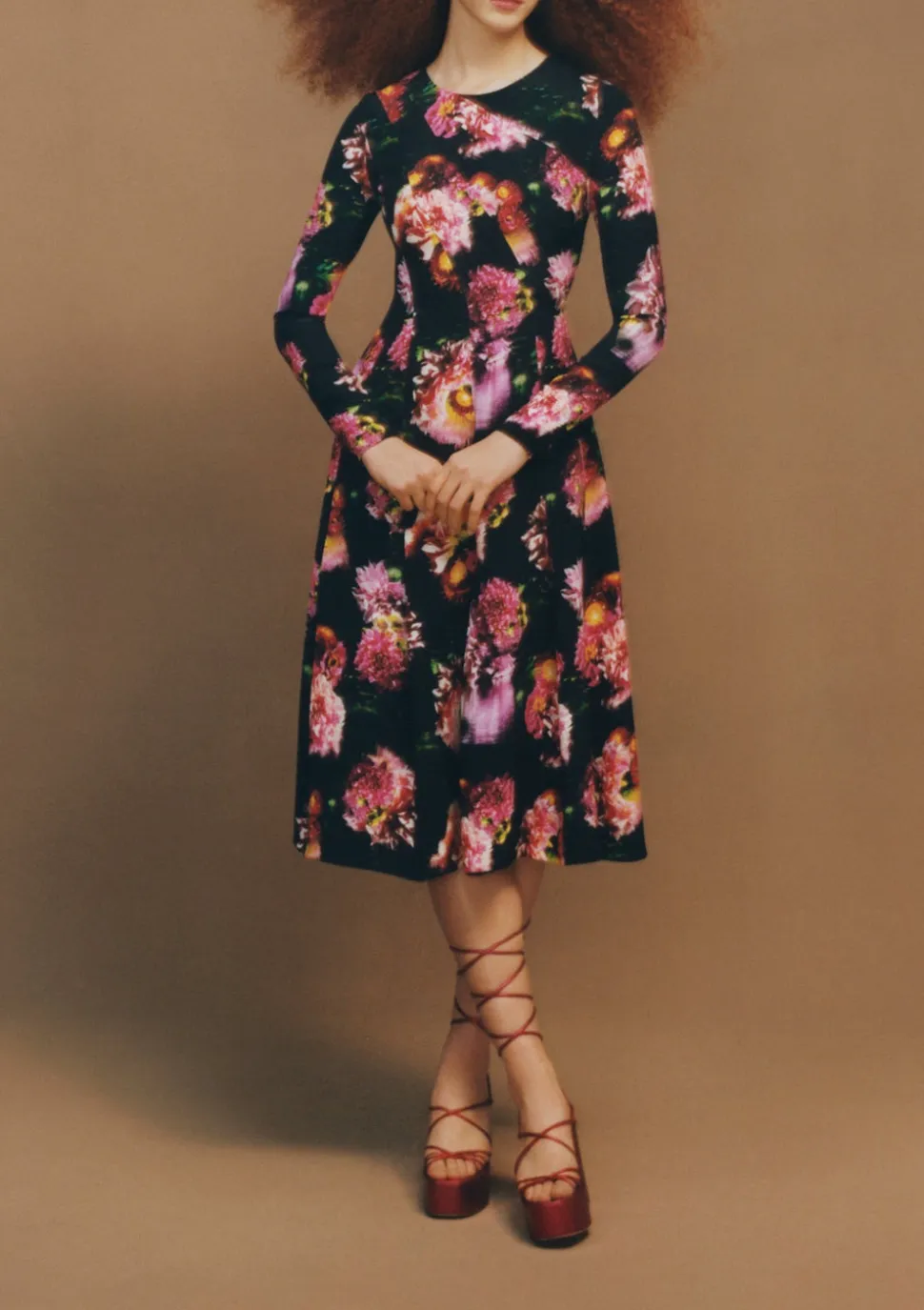 Long Sleeve Pleated Dress in Pink Dahlias