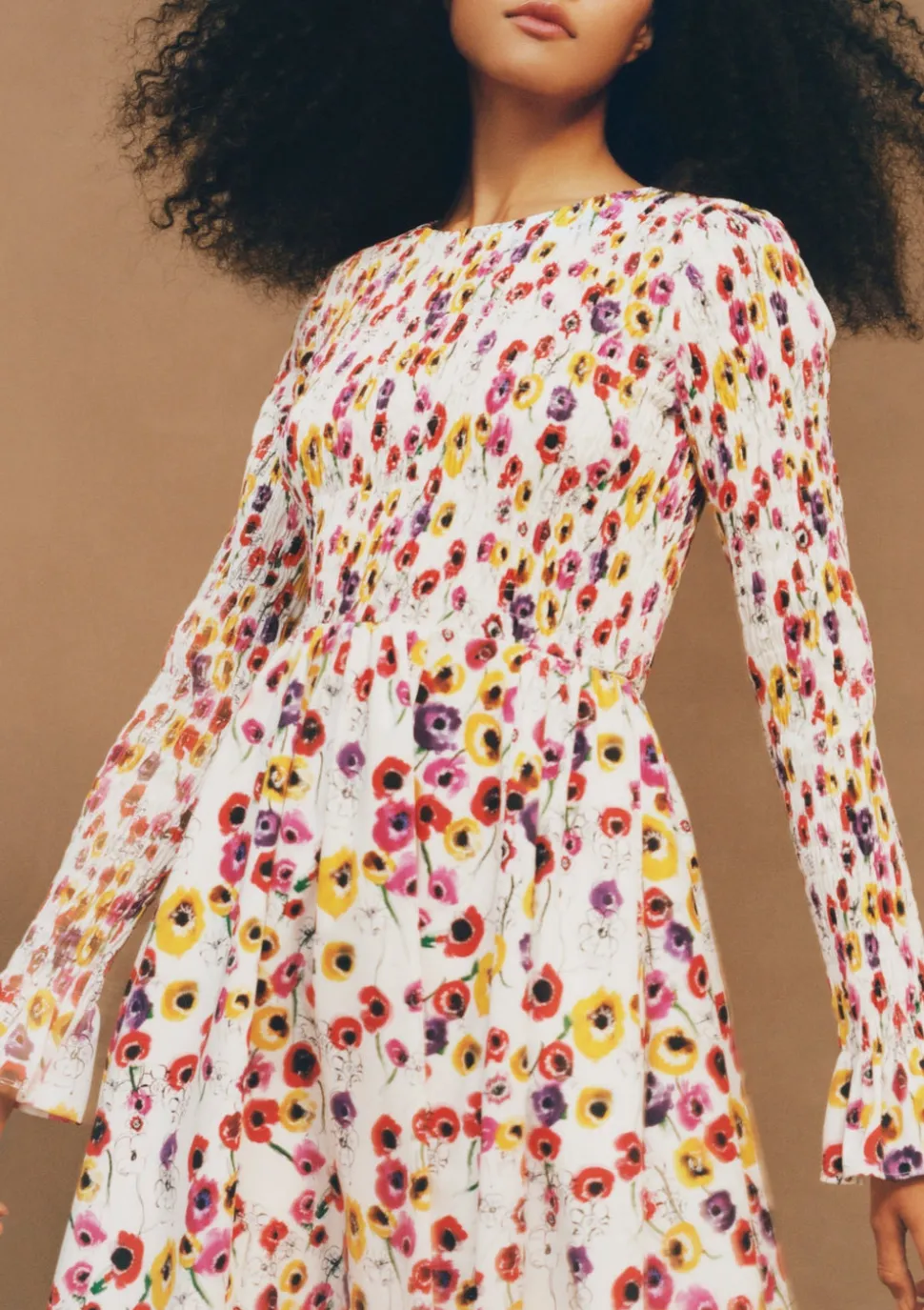Long Sleeve Smocked Dress in White Anemones Cotton
