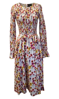 Long Sleeve Smocked Dress in White Anemones Cotton