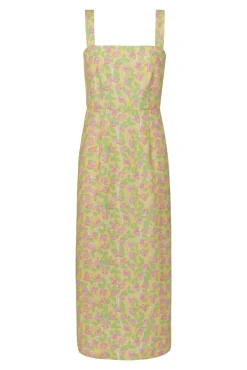 Long Slip Dress in Yellow with Pink Bougainvillea