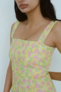 Long Slip Dress in Yellow with Pink Bougainvillea