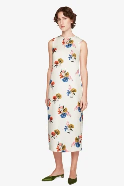 Ludie Dress In Retro Bouquet On White Taffeta Faille