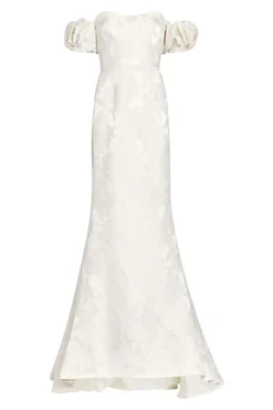 Luisa Off-The-Shoulder White Floral Jacquard Gown With Puff Sleeves