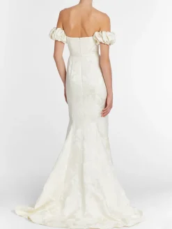 Luisa Off-The-Shoulder White Floral Jacquard Gown With Puff Sleeves