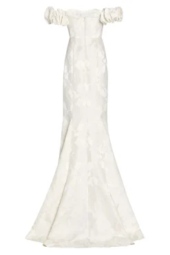 Luisa Off-The-Shoulder White Floral Jacquard Gown With Puff Sleeves