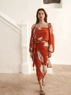Mapara Crepe Chine Skirt in Orange Gladiolos