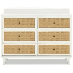 Marin with Cane 6 Drawer Assembled Dresser in Warm White & Honey Cane