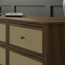 Marin with Cane 6 Drawer Assembled Dresser in Natural Walnut & Blonde Cane