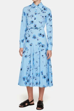 Marion Dress In Blue Poppies On Baby Pink Bibione Cotton