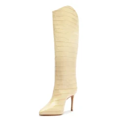 Maryana Wide Crocodile-Embossed Leather Boot in Beige
