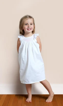 Mathilde White Cotton Dress with Pink Smocking for Little Girls