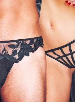 Men’s Lily Embroidery Thong in Black