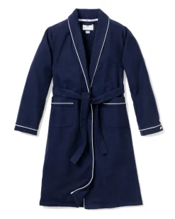 Men’s Navy Flannel Robe with White Piping