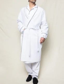 Men’s White Flannel Robe with Navy Piping