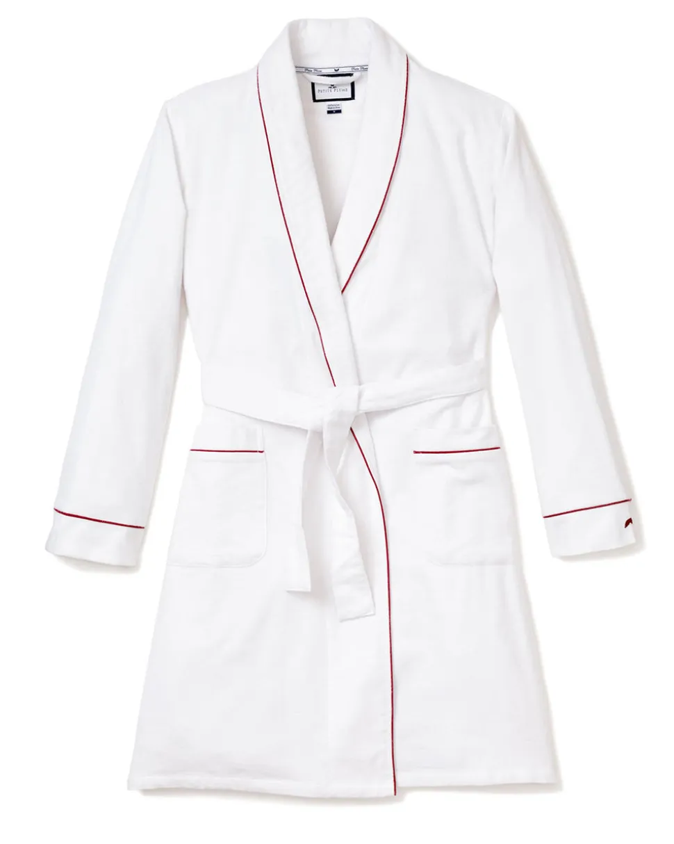 Men’s White Flannel Robe with Red Piping