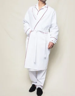 Men’s White Flannel Robe with Red Piping