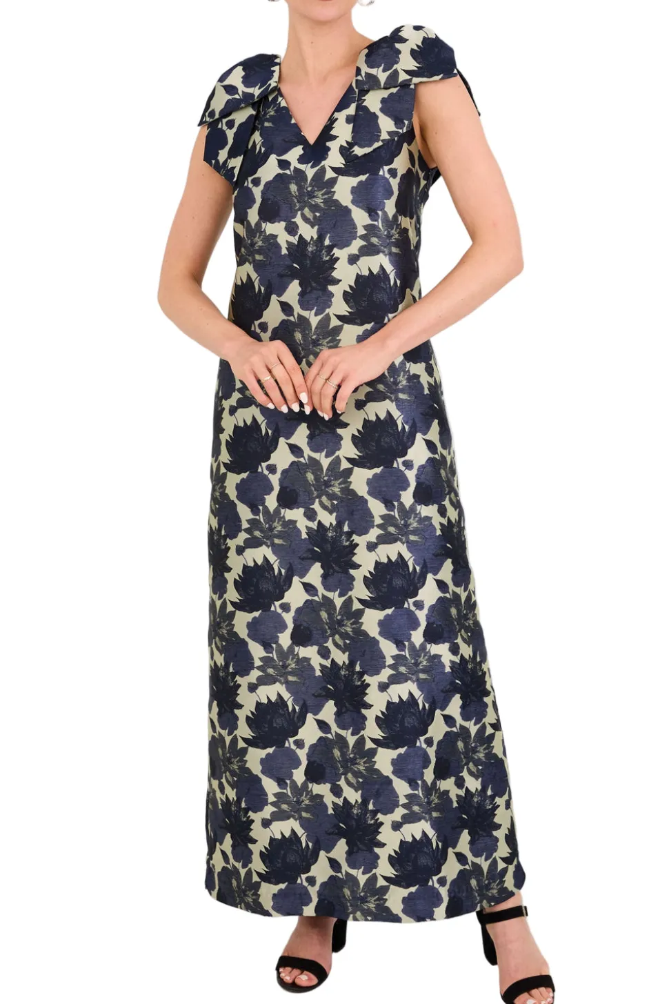 Meredith Gown in Ivory and Navy Floral Silhouette Jacquard
