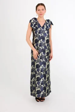 Meredith Gown in Ivory and Navy Floral Silhouette Jacquard