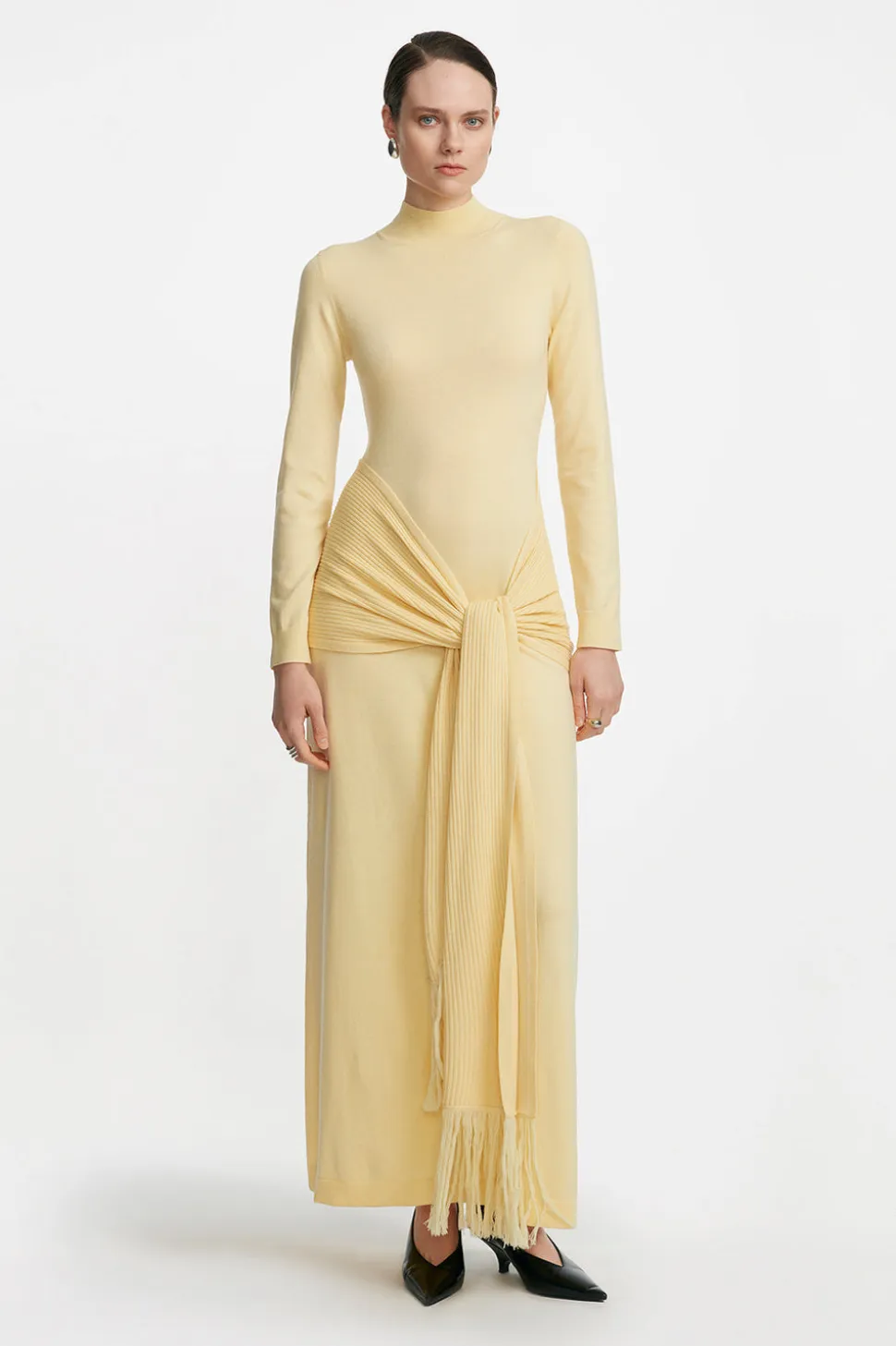 Merino Wool Knit Mock Neck Wrap Dress in Sunlight