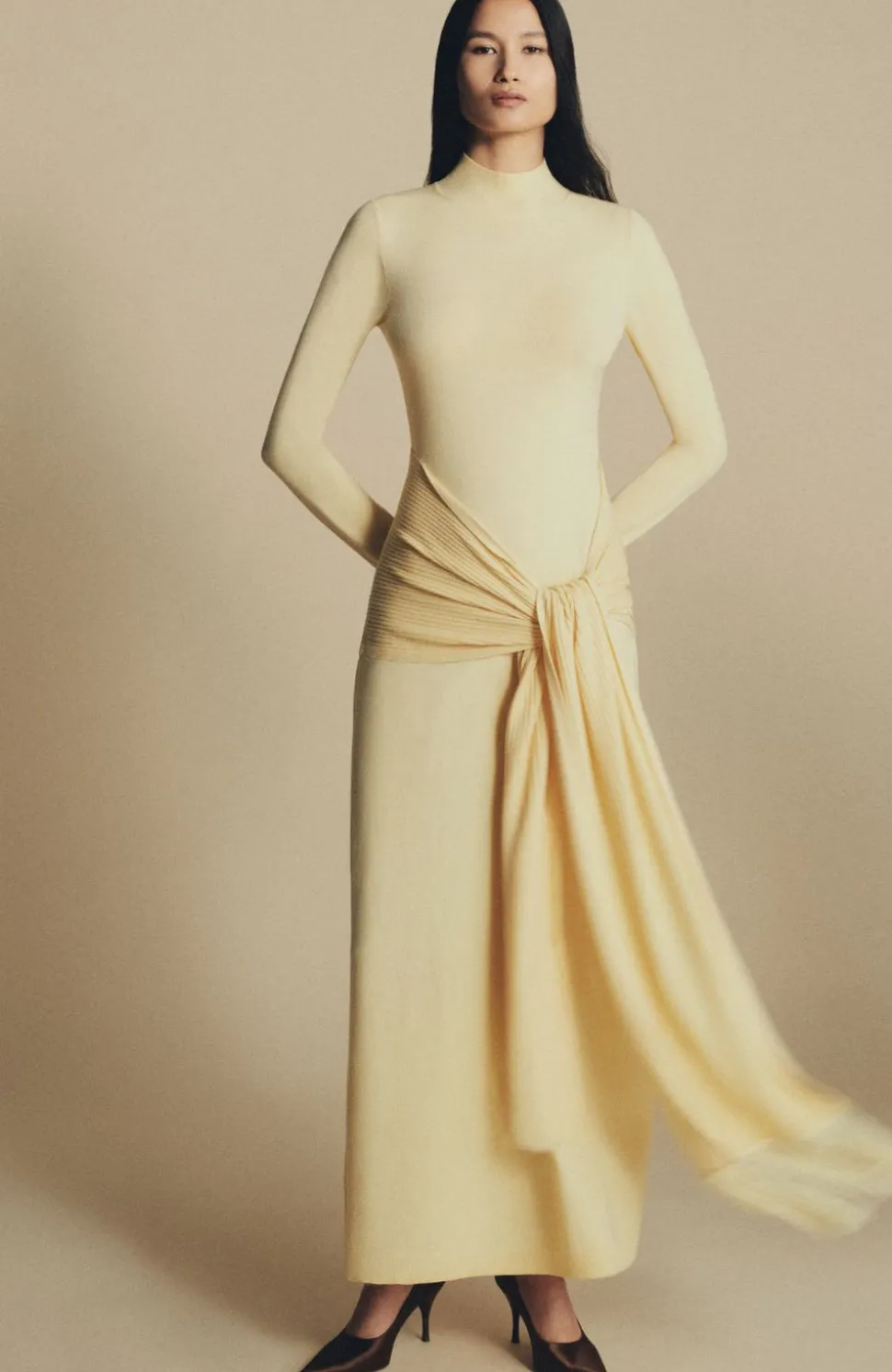 Merino Wool Knit Mock Neck Wrap Dress in Sunlight