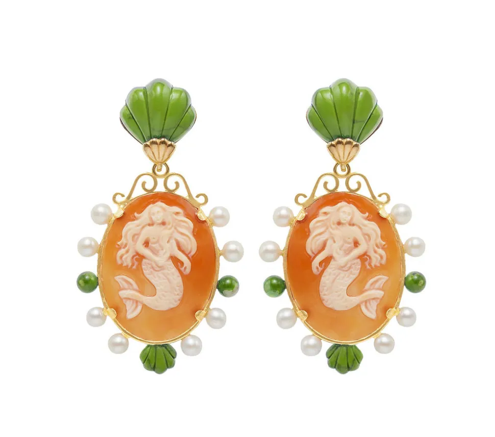Mermaid Cameos Earrings in Jade