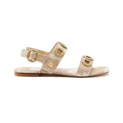 Milan Flat Sandal in Beige Printed Raffia