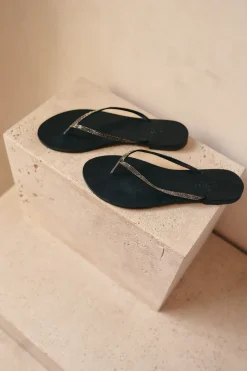 Milos Vegetable Tanned Leather Sandal in Black Crystal