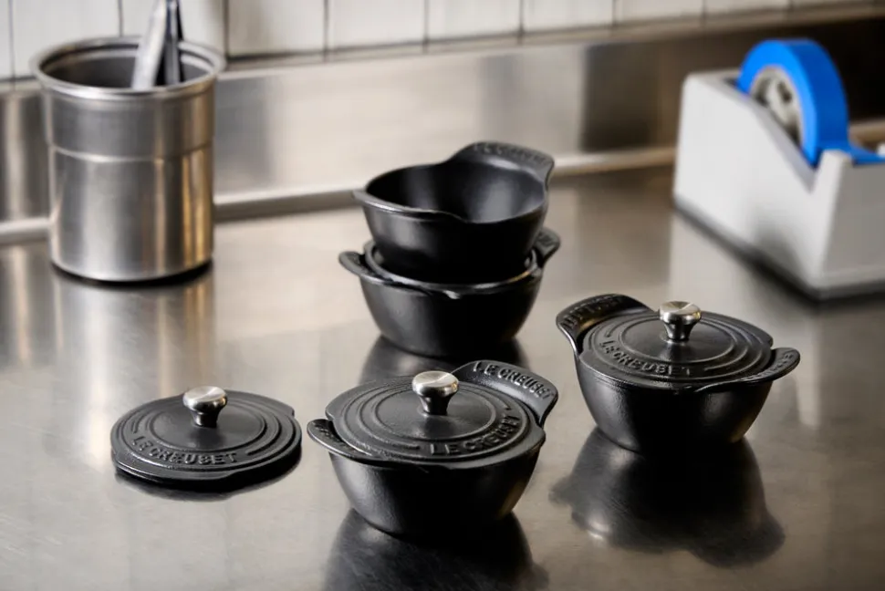 Mini Round Braiser 1/3 QT in Matte Black with Sterling Silver Knobs, Set of 4