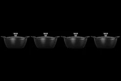 Mini Round Cocotte 1/3 QT in Matte Black with Sterling Silver Knobs, Set of 4