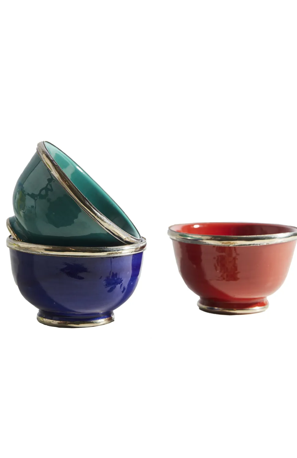 Moroccan Glazed Bowls with Berber Silver Trim, Set of 3