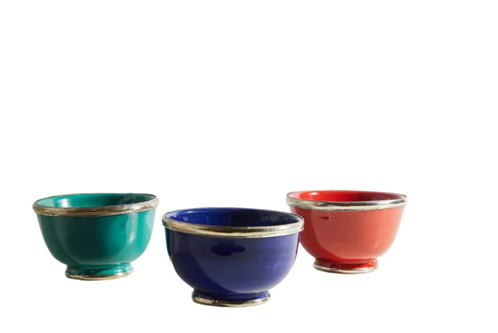 Moroccan Glazed Bowls with Berber Silver Trim, Set of 3