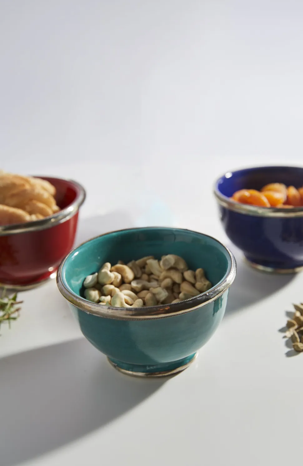 Moroccan Glazed Bowls with Berber Silver Trim, Set of 3