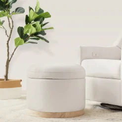 Naka Storage Ottoman in Eco-Performance Fabric | Water Repellent & Stain Resistant in Performance Cream Eco-Weave with Light Wood Base