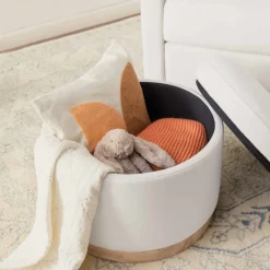 Naka Storage Ottoman in Eco-Performance Fabric | Water Repellent & Stain Resistant in Performance Cream Eco-Weave with Light Wood Base