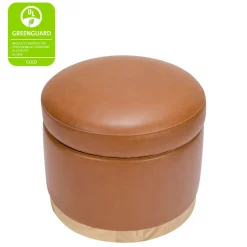 Naka Storage Ottoman in Vegan Leather in Vegan Tan Leather with Light Wood Base