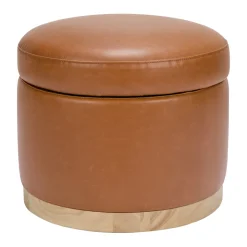 Naka Storage Ottoman in Vegan Leather in Vegan Tan Leather with Light Wood Base