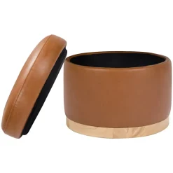 Naka Storage Ottoman in Vegan Leather in Vegan Tan Leather with Light Wood Base