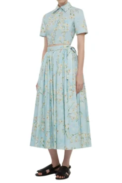 Natalie Cropped Shirt In Little Lillies On Blue Floral Print Cotton Poplin