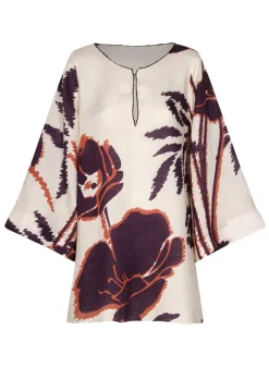 Nazare Linen Mini Tunic Dress in Ecru & Purple Gladiolos