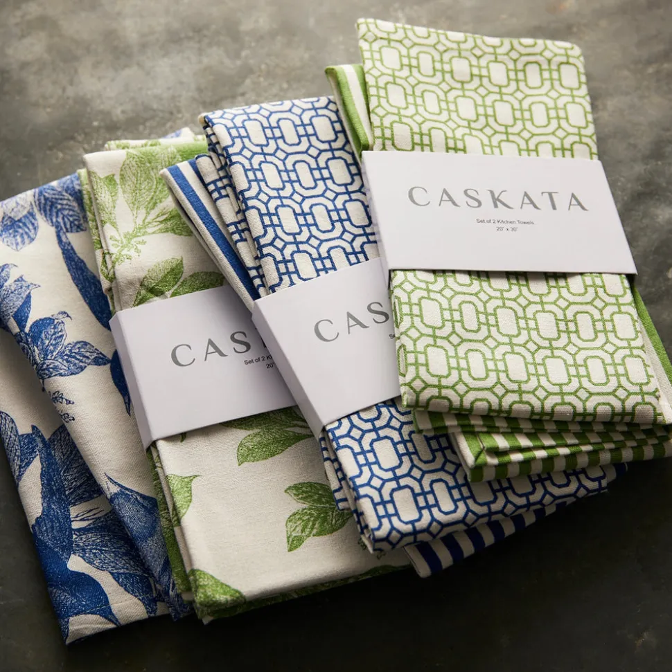 Newport Garden Gate & Pinstripe Verde Kitchen Towels, Mixed Set of 2