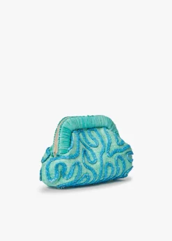 Noemi Embroidered Straw Clutch Bag in Green