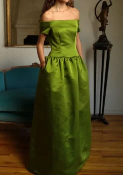 Off The Shoulder Drop Waist Gown in Chartreuse Double-Faced Satin