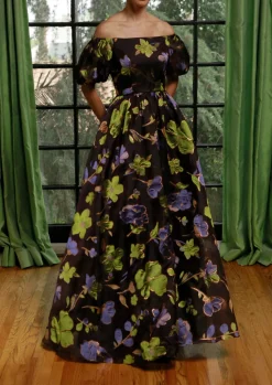 Off The Shoulder Sleeve Gown in Floral Italian Organza