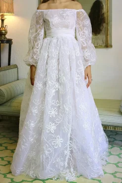 Off-The-Shoulder Full Sleeve Embroidered Organza Gown with Pearl Raffia