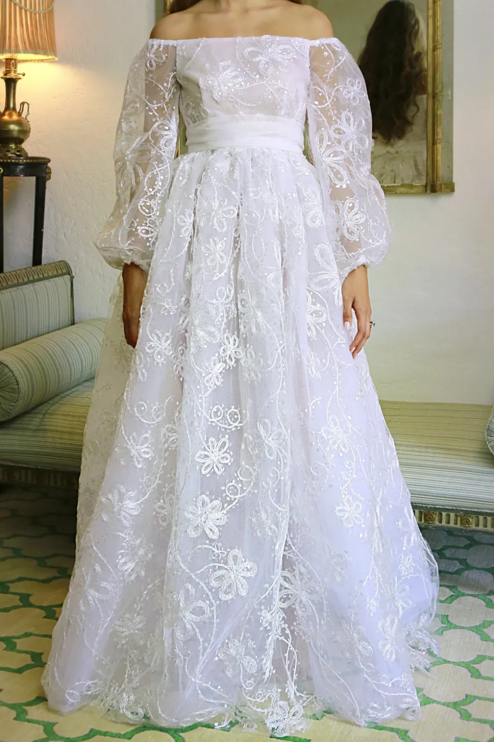 Off-The-Shoulder Full Sleeve Embroidered Organza Gown with Pearl Raffia