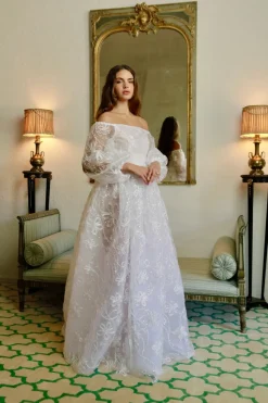 Off-The-Shoulder Full Sleeve Embroidered Organza Gown with Pearl Raffia