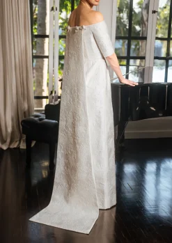 Off-The-Shoulder Slim-Waisted Bridal Gown With Panel Back And Bows In White French Brocade