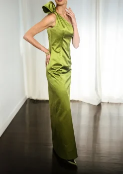 One Shoulder Tie Gown In Chartreuse Duchesse Satin
