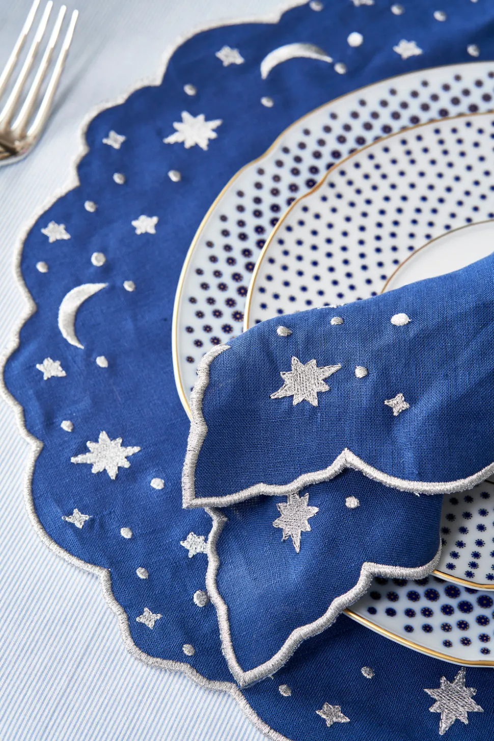 OTM Exclusive: Astral Linen Placemat in Midnight Blue and Silver Embroidery