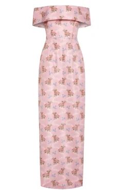 OTM Exclusive: Clover Pink Floral Ikat Off-The-Shoulder Collar Column Gown With Back Slit